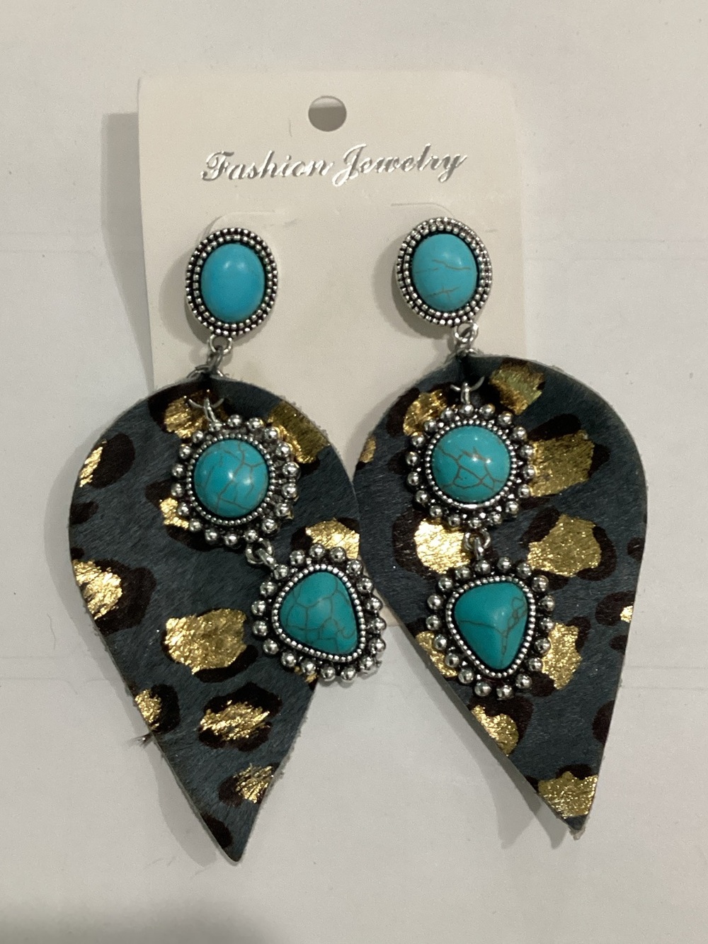 Fashion Jewelry Turquoise and Gold Leopard Teardrop Dangle Earrings